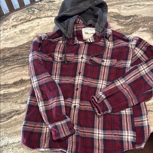 AE Red and Gray Plaid Hooded Shirt